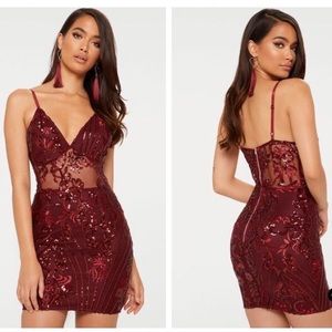 PrettyLittleThing burgundy strappy sheer panel sequin bodycon dress